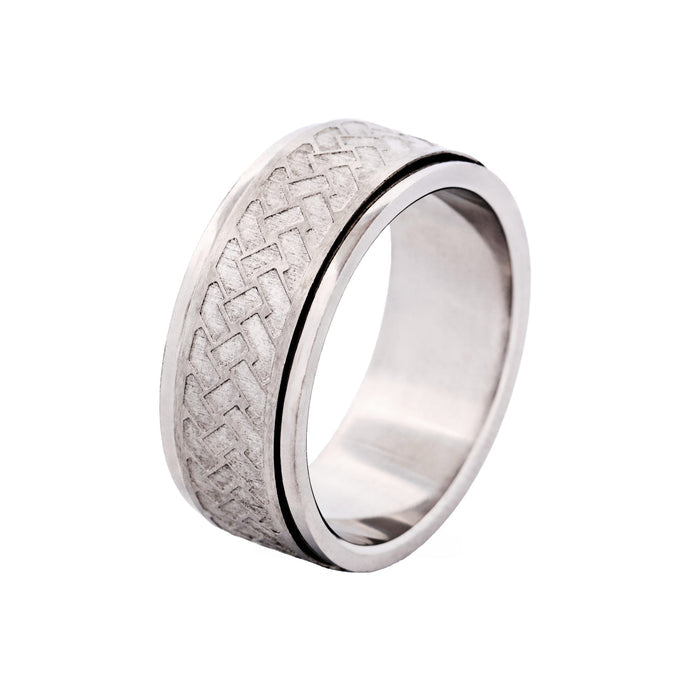 Matt & Polished Stainless Steel Spinner Ring with Platted Pattern in Centre