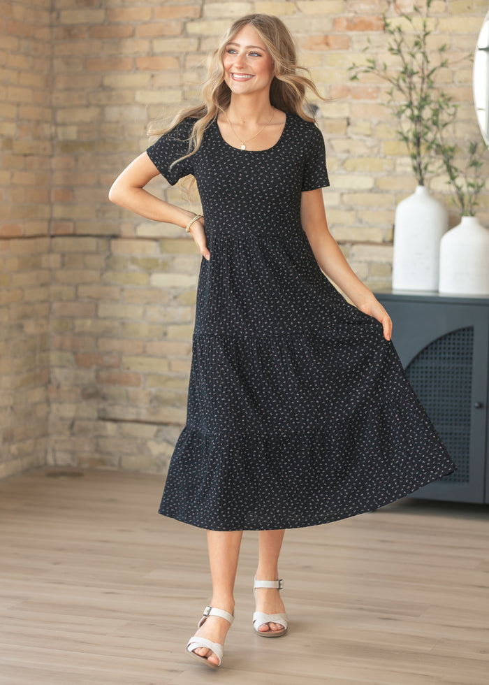 Melanie Black Floral Tiered Midi Dress IC Dresses