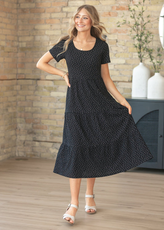 Melanie Black Floral Tiered Midi Dress IC Dresses