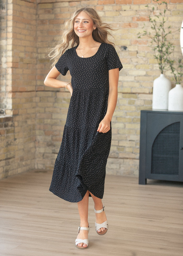 Melanie Black Floral Tiered Midi Dress IC Dresses