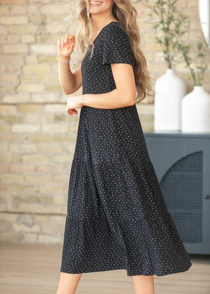 Melanie Black Floral Tiered Midi Dress IC Dresses