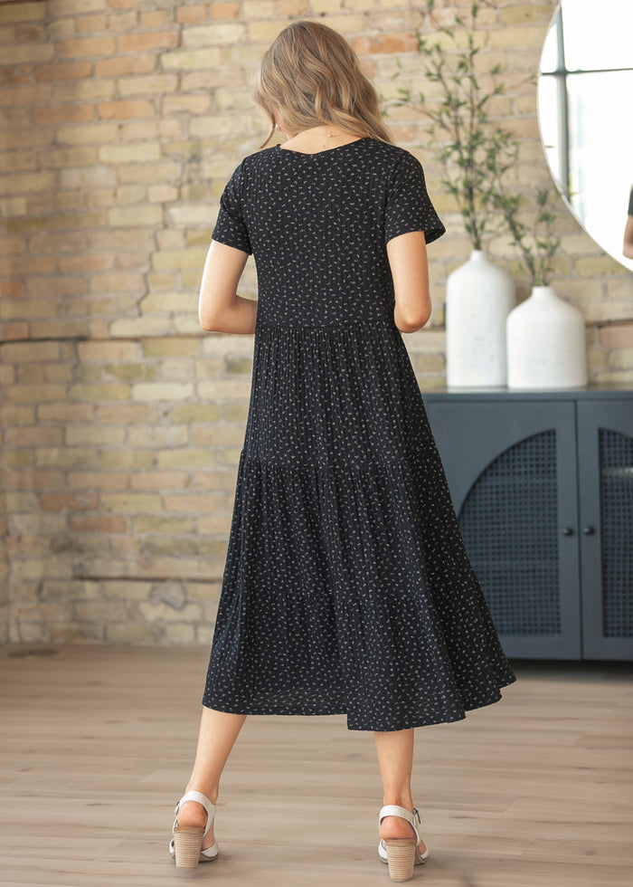 Melanie Black Floral Tiered Midi Dress IC Dresses