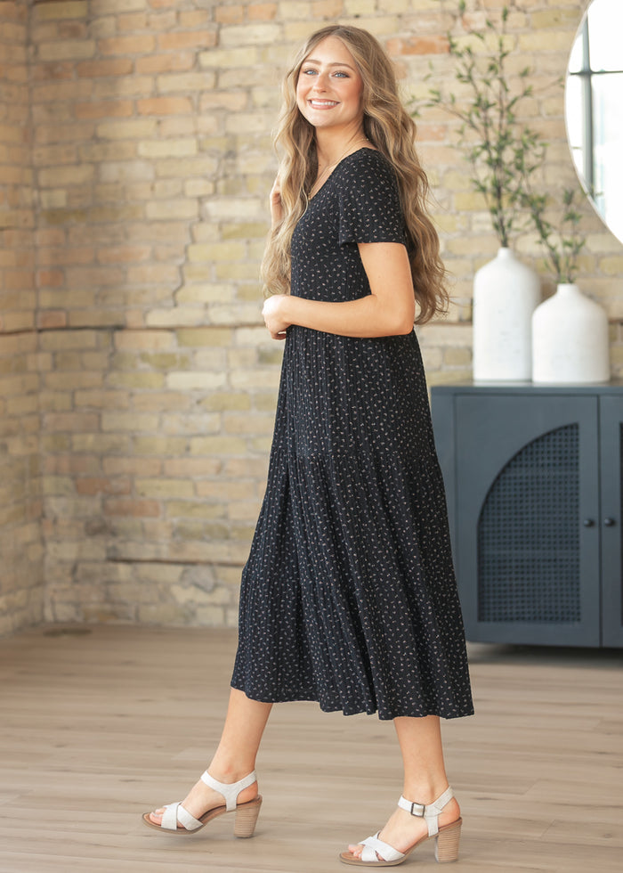 Melanie Black Floral Tiered Midi Dress IC Dresses