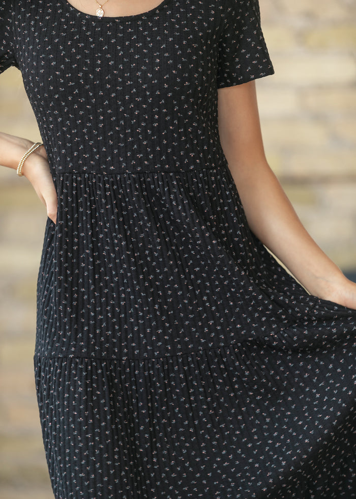 Melanie Black Floral Tiered Midi Dress IC Dresses