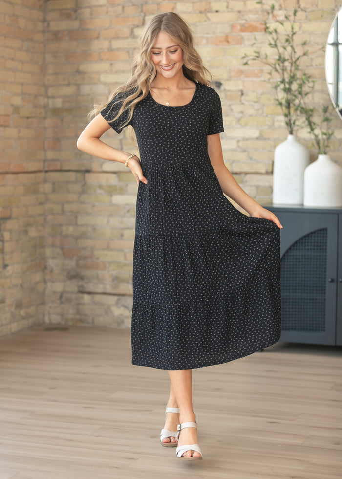Melanie Black Floral Tiered Midi Dress IC Dresses