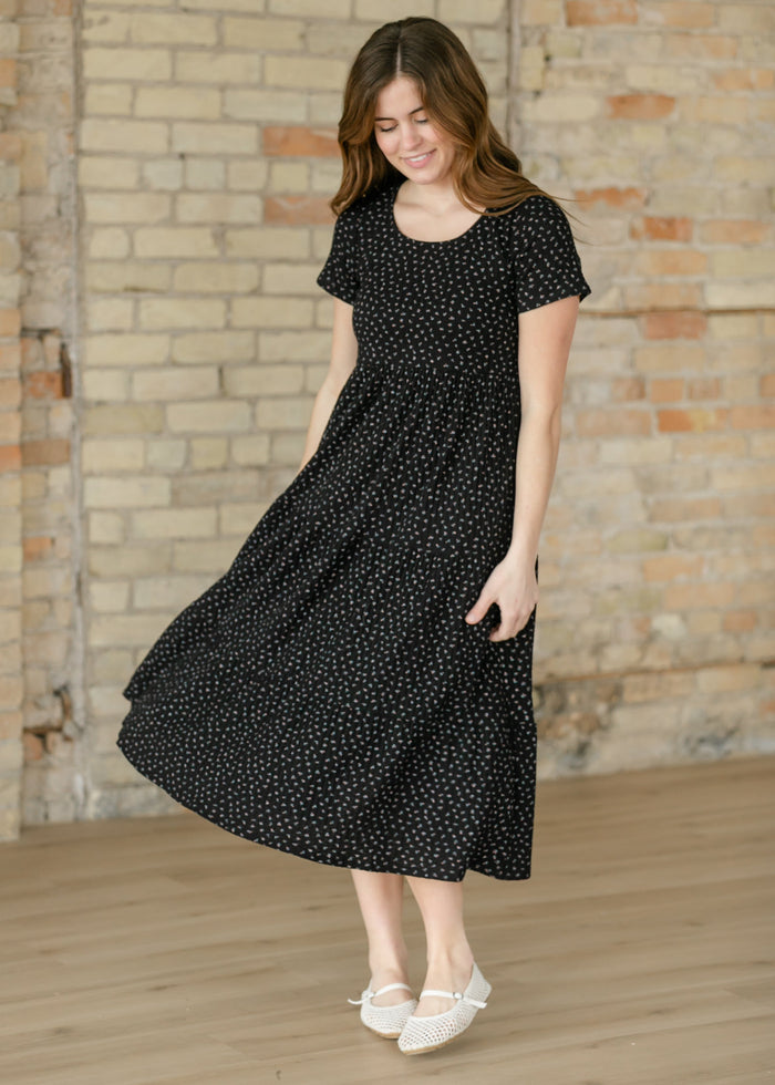 Melanie Black Floral Tiered Midi Dress IC Dresses