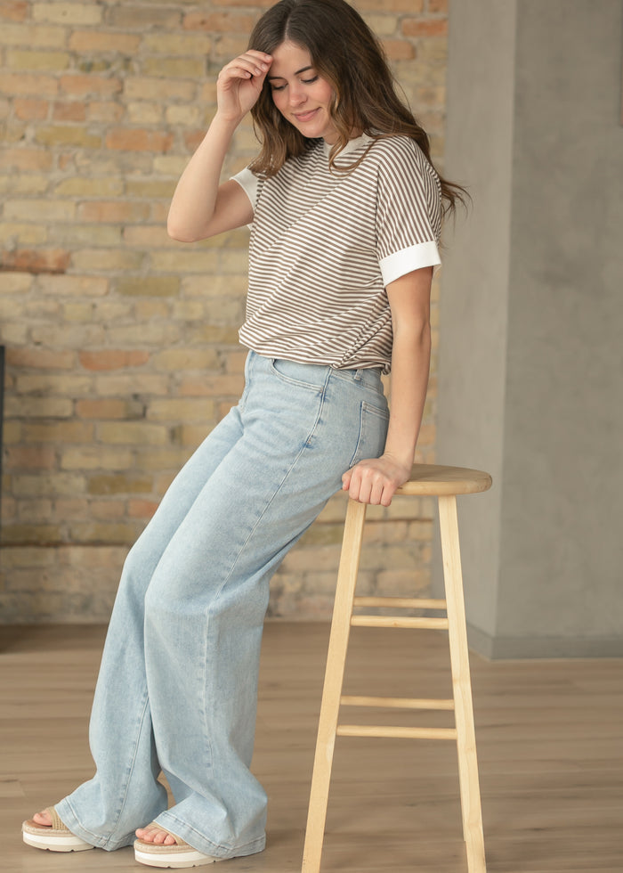 Mocha Stripe Contrast Trim Top FF Tops