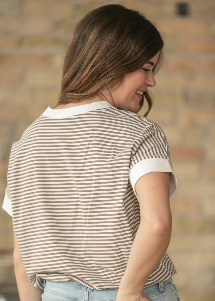 Mocha Stripe Contrast Trim Top FF Tops