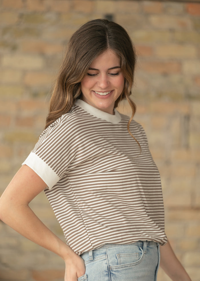 Mocha Stripe Contrast Trim Top FF Tops