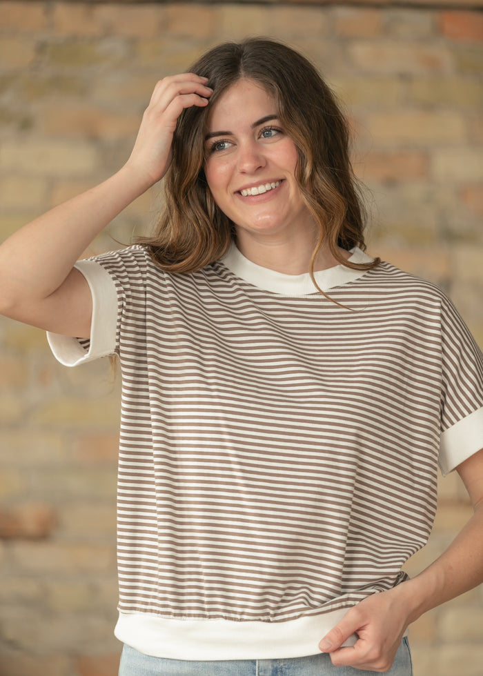 Mocha Stripe Contrast Trim Top FF Tops