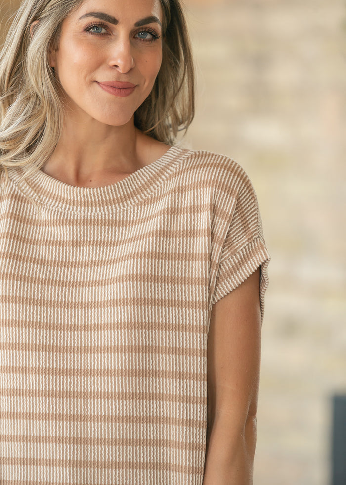 Mocha Striped Rib Knit Dolman Top FF Tops