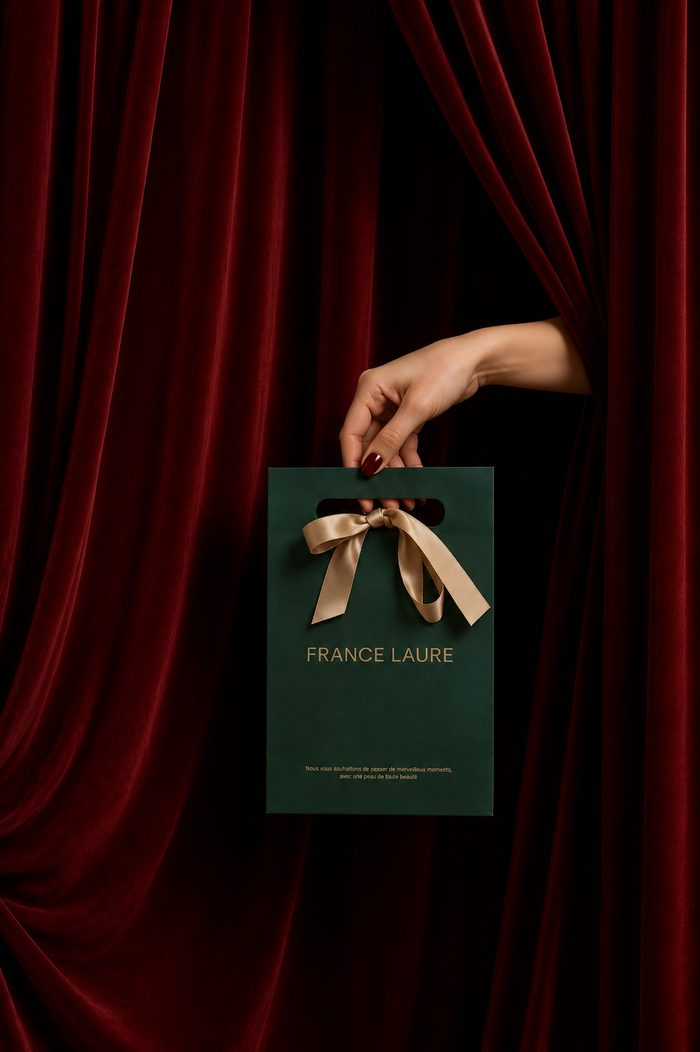 A hand with dark red nail polish holds a dark green France Laure gift bag with a beige ribbon, set against a backdrop of draped red velvet curtains.