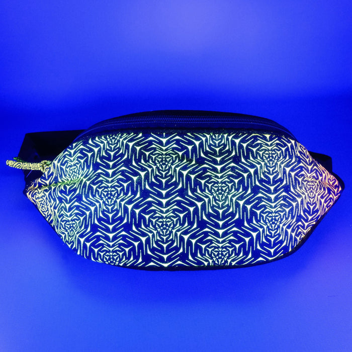 UV reactive molecular fanny pack glowing yellow-green under blacklight - Symbolika psychedelic bag