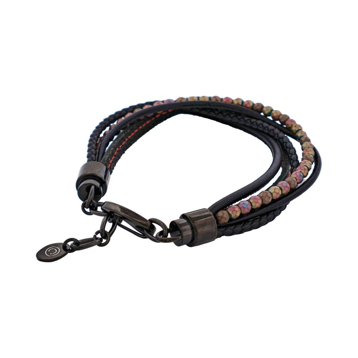Multi-Strand Black Leather & Hematite Beads Bracelet with Ion Plated Black Polished Stainless Steel Clasp