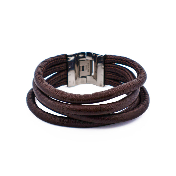 Multi Strand Brown Lamb Leather- Stainless Steel Bracelet