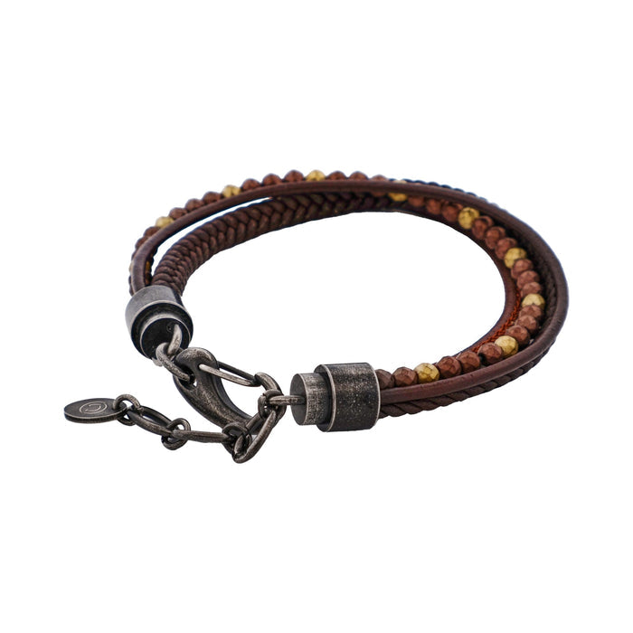 Multi-Strand Brown Leather & Hematite Beads Bracelet with Ion Plated Antique Stainless Steel Clasp