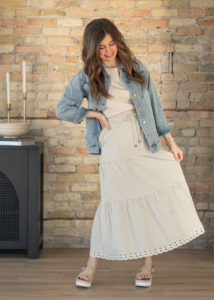 Natural Embroidered Detail Midi Skirt FF Skirts
