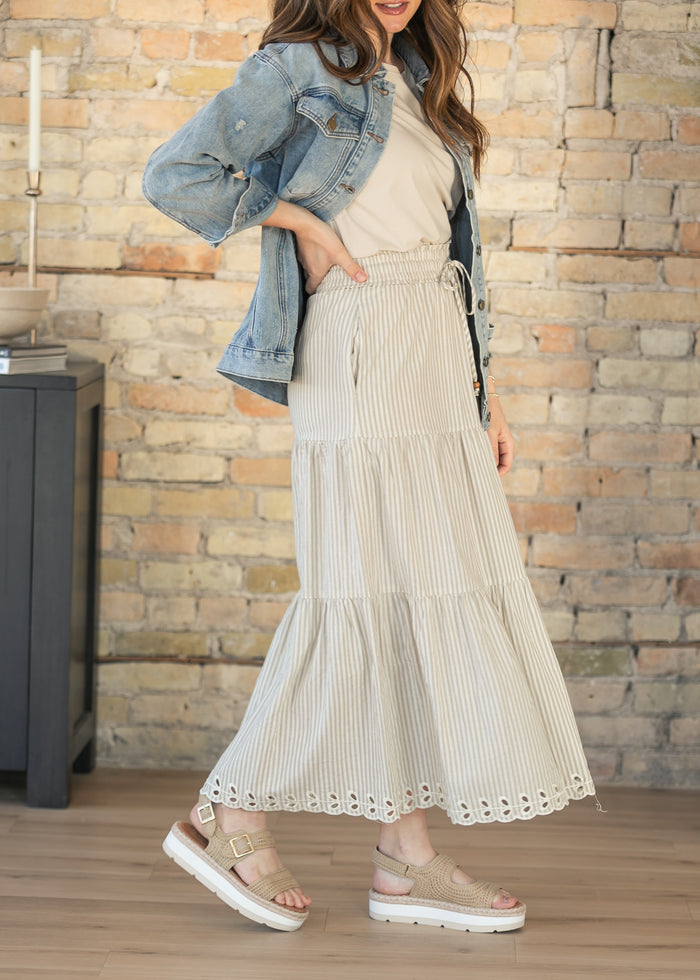 Natural Embroidered Detail Midi Skirt FF Skirts
