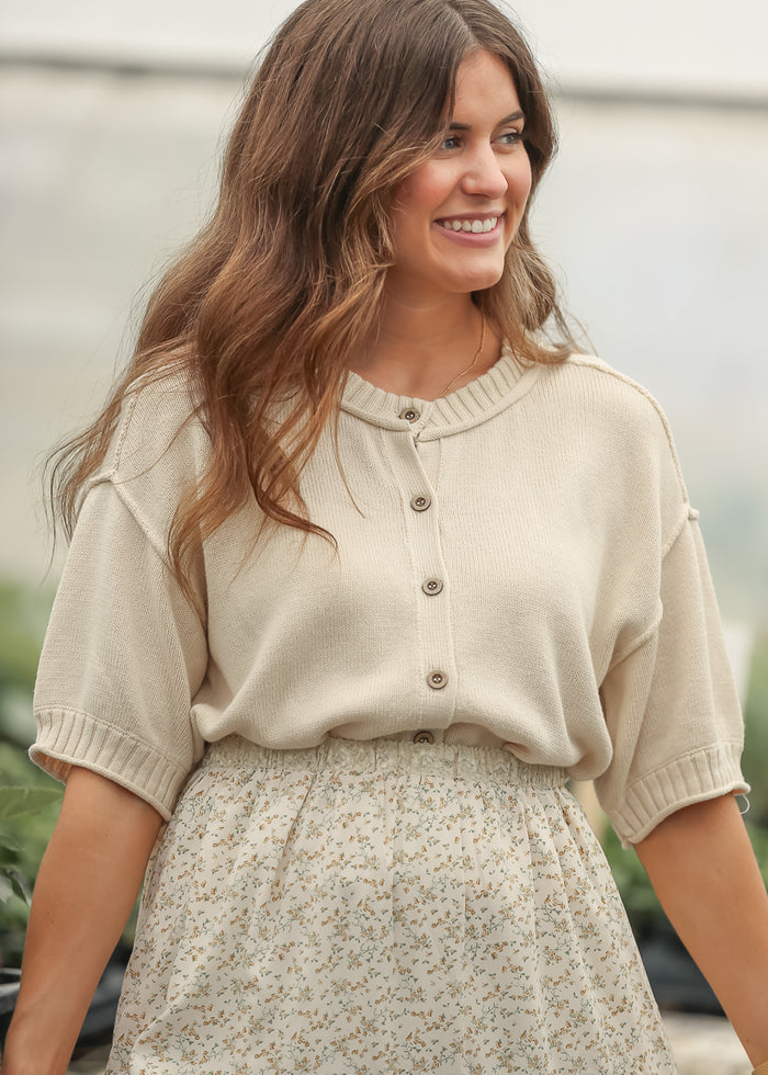 Natural Short Sleeve Button Down  Cardigan - FINAL SALE FF Layering Essentials