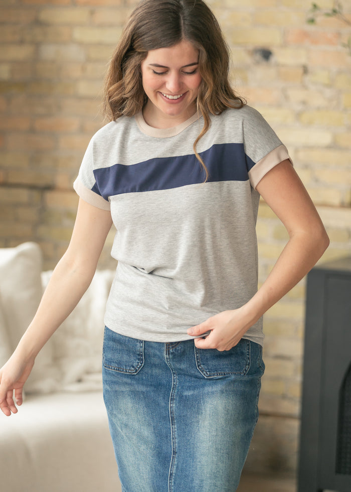 Navy Contrast Short Sleeve Top FF Tops