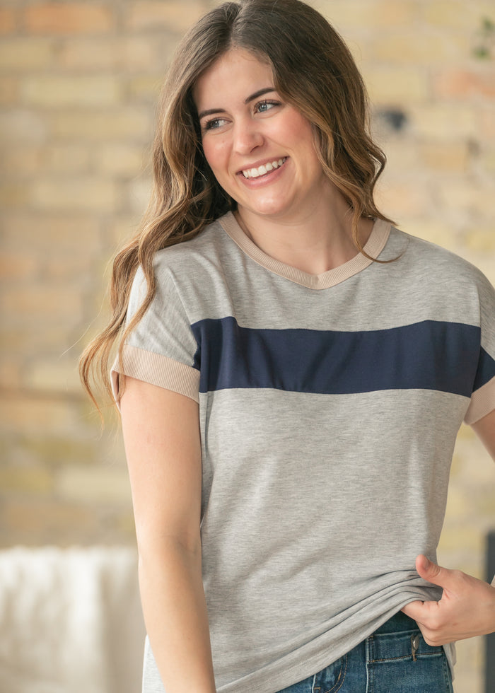 Navy Contrast Short Sleeve Top FF Tops