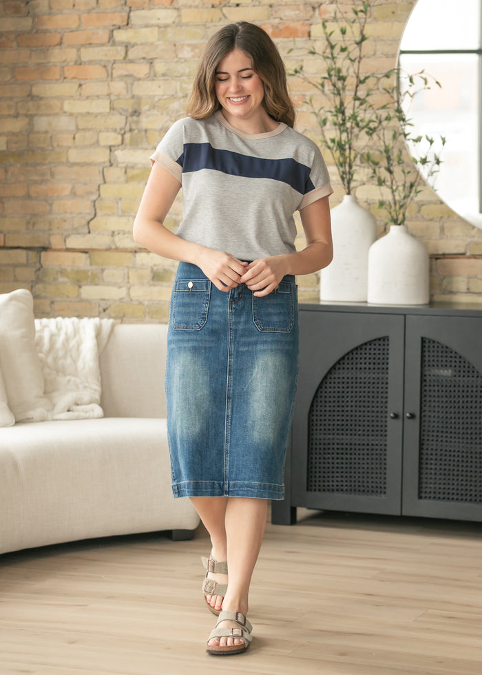 Navy Contrast Short Sleeve Top FF Tops