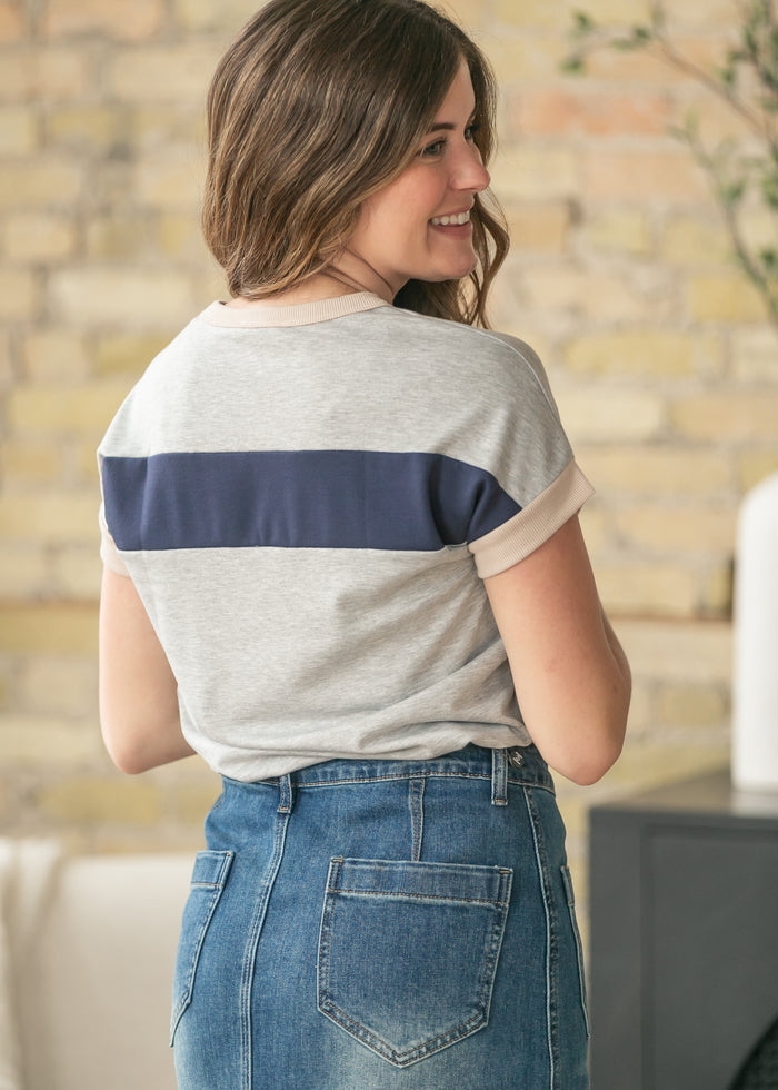 Navy Contrast Short Sleeve Top FF Tops