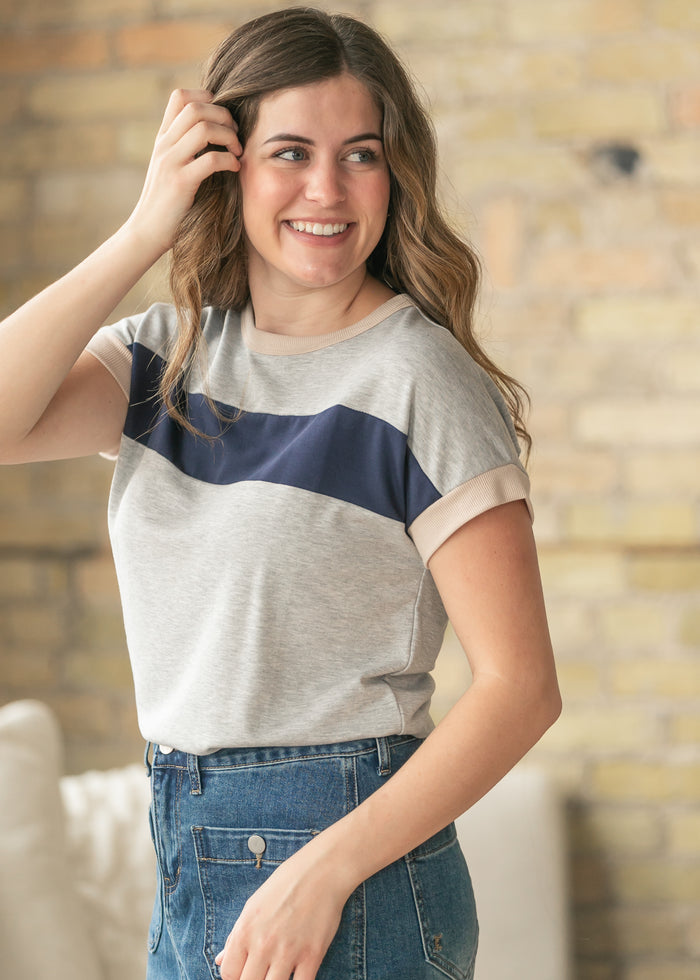 Navy Contrast Short Sleeve Top FF Tops