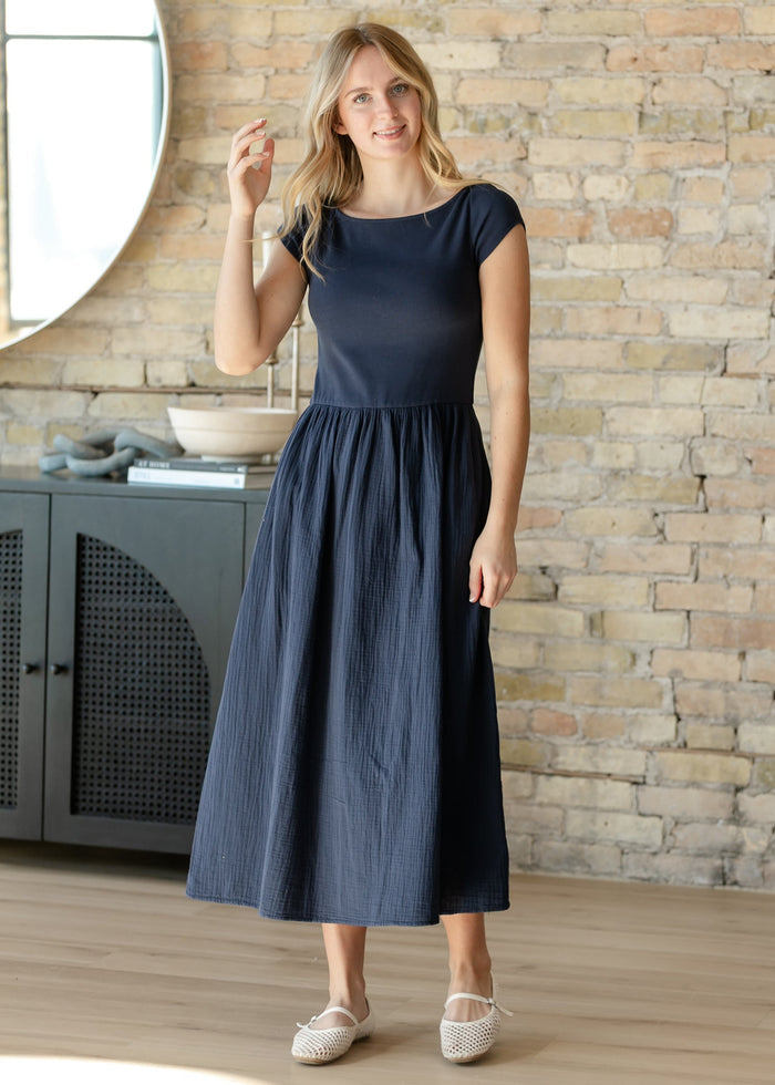 Navy Cotton Boatneck Maxi Dress FF Dresses