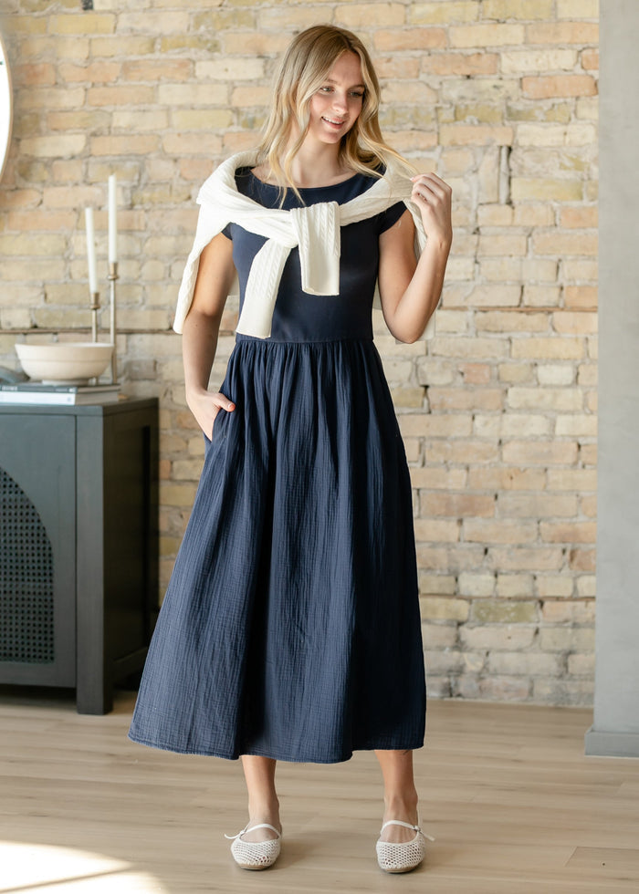 Navy Cotton Boatneck Maxi Dress FF Dresses