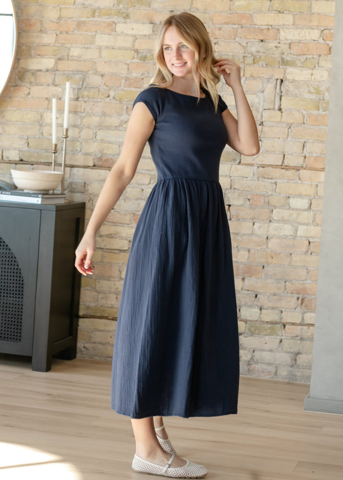 Navy Cotton Boatneck Maxi Dress FF Dresses