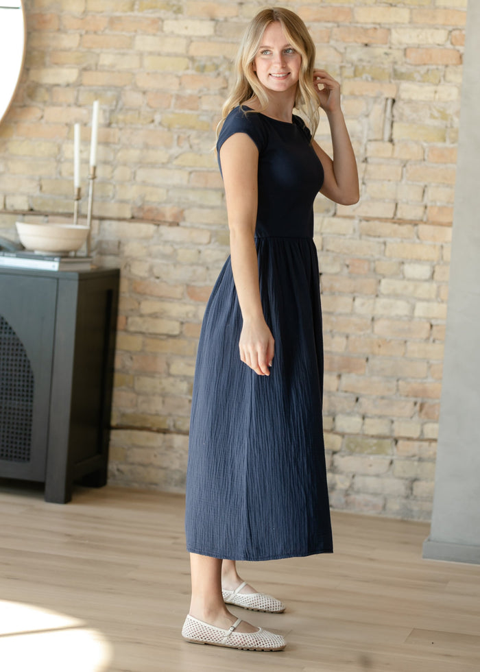 Navy Cotton Boatneck Maxi Dress FF Dresses