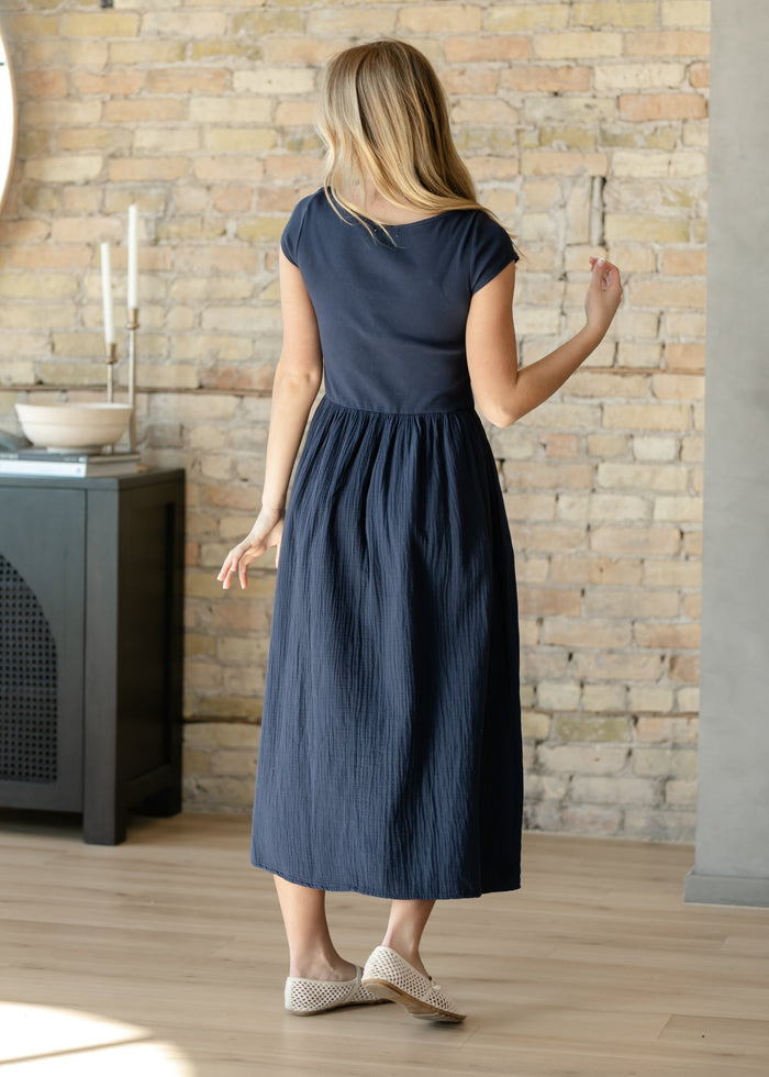 Navy Cotton Boatneck Maxi Dress FF Dresses