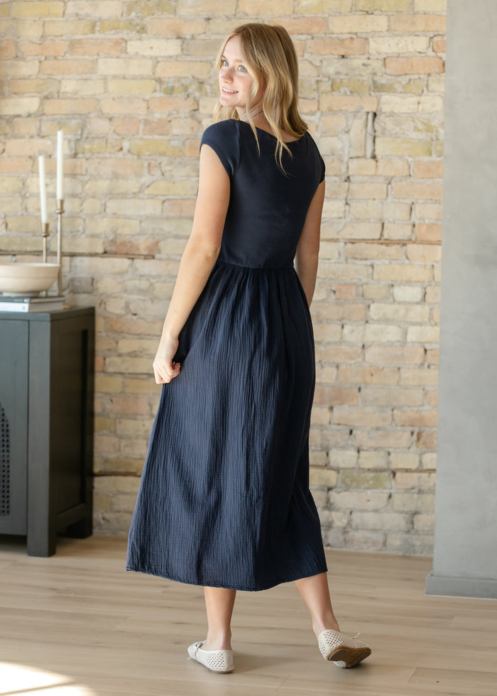 Navy Cotton Boatneck Maxi Dress FF Dresses