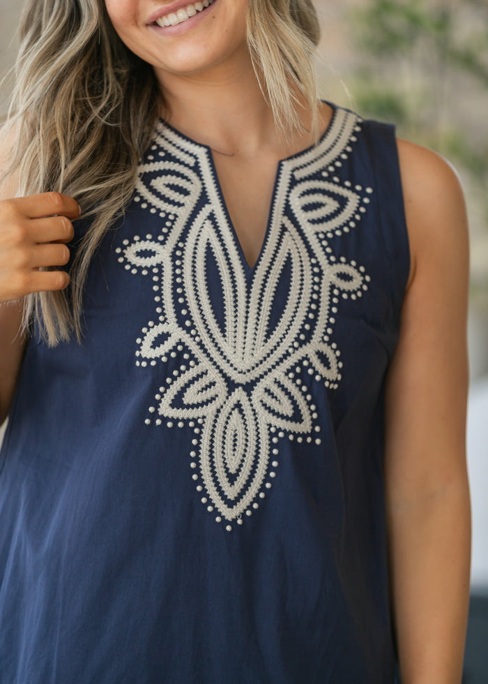 Navy Embroidered V Neck Midi Dress FF Dresses