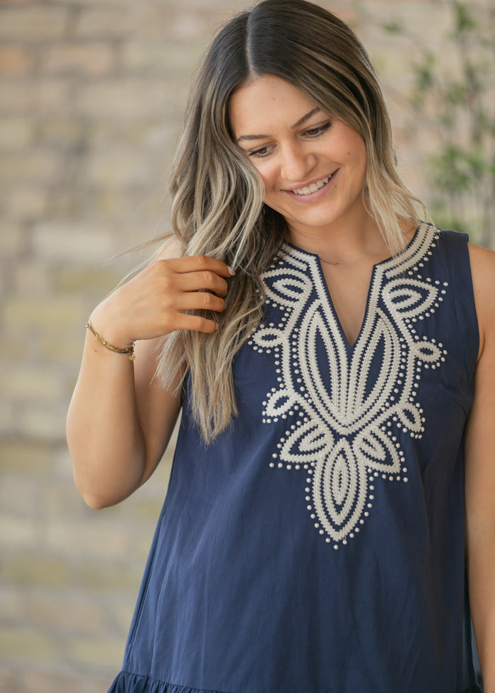 Navy Embroidered V Neck Midi Dress FF Dresses