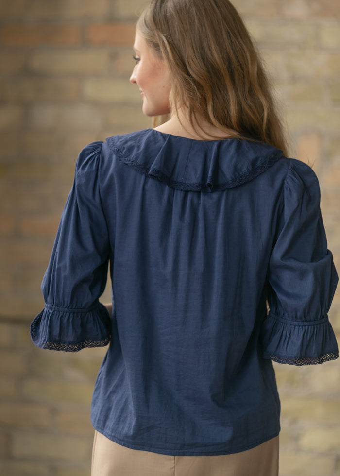 Navy Flowy V-Neck Half Sleeve Top FF Tops