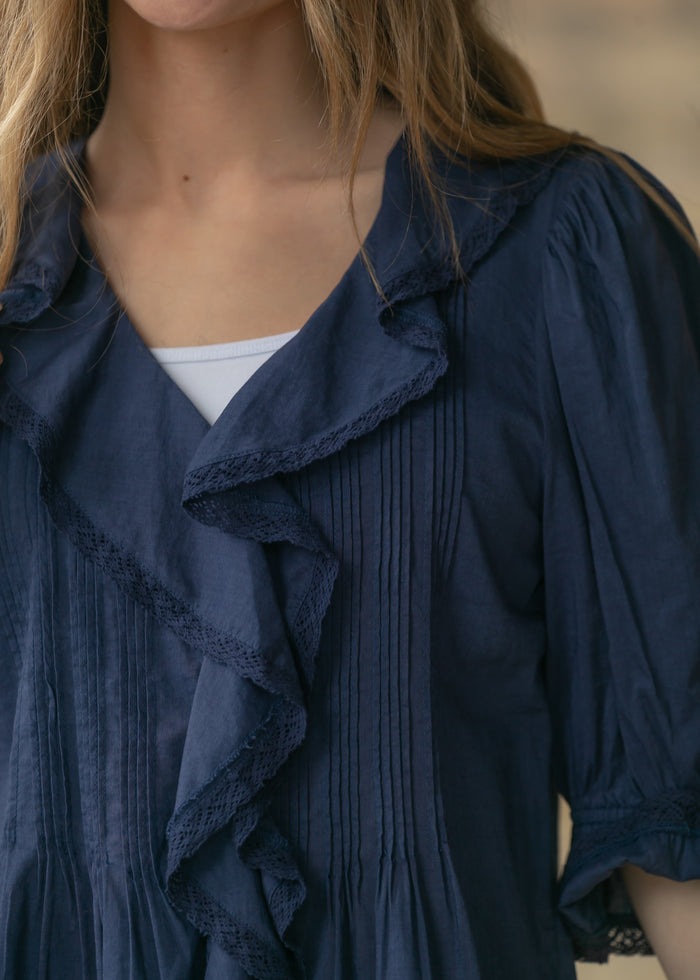 Navy Flowy V-Neck Half Sleeve Top FF Tops