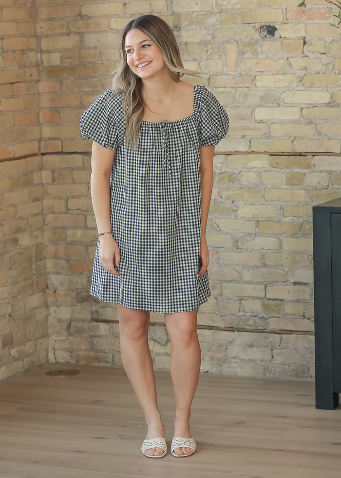 Navy Gingham Puff Sleeve Midi Dress FF Dresses