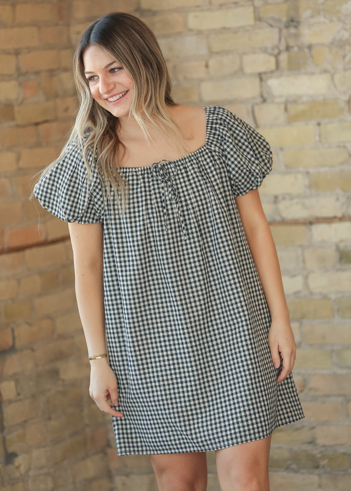 Navy Gingham Puff Sleeve Midi Dress FF Dresses