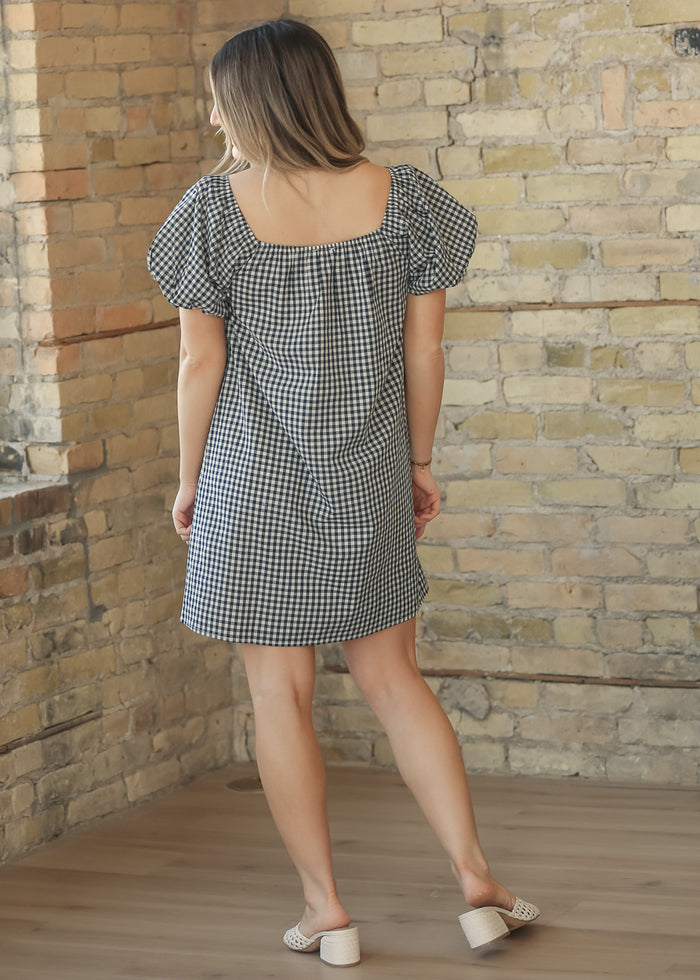 Navy Gingham Puff Sleeve Midi Dress FF Dresses