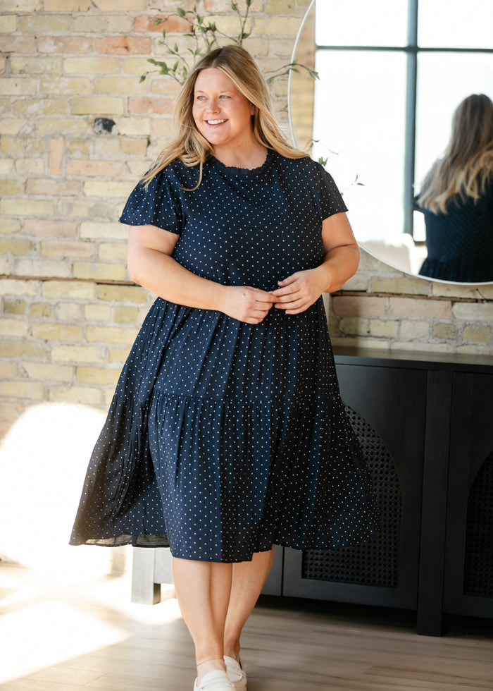 Navy Polka Dot Tiered Midi Dress FF Dresses