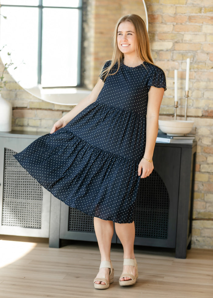 Navy Polka Dot Tiered Midi Dress FF Dresses