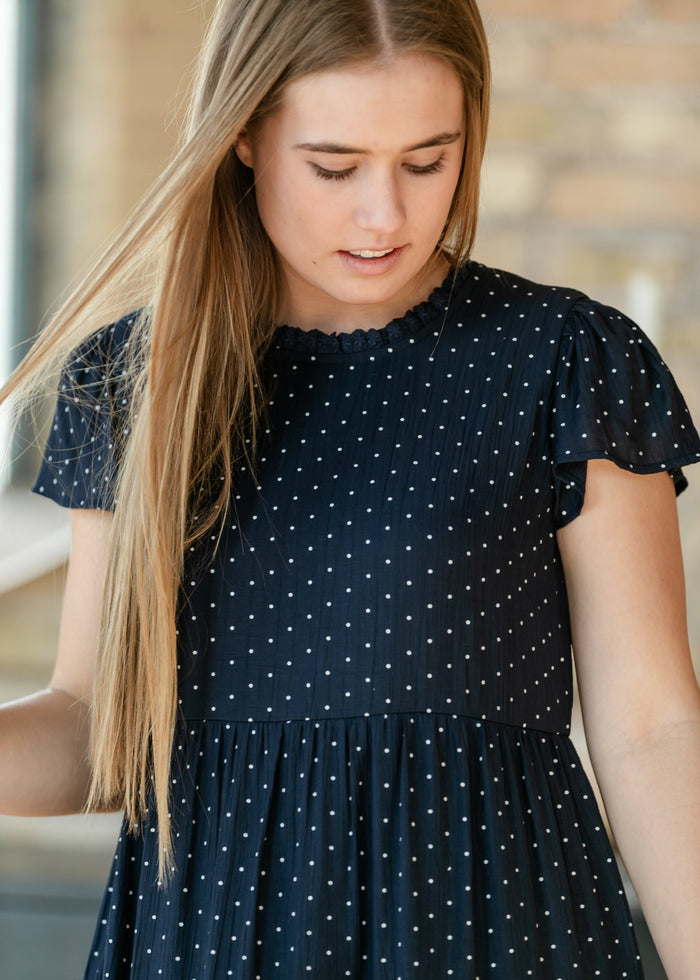Navy Polka Dot Tiered Midi Dress FF Dresses