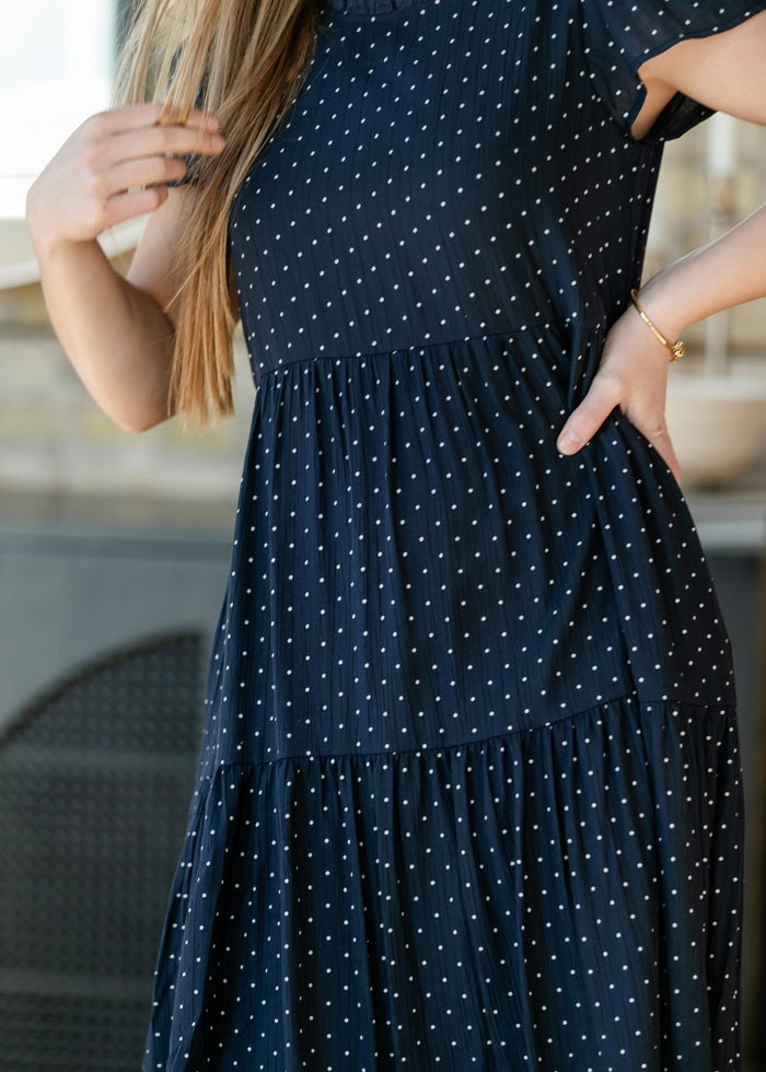 Navy Polka Dot Tiered Midi Dress FF Dresses
