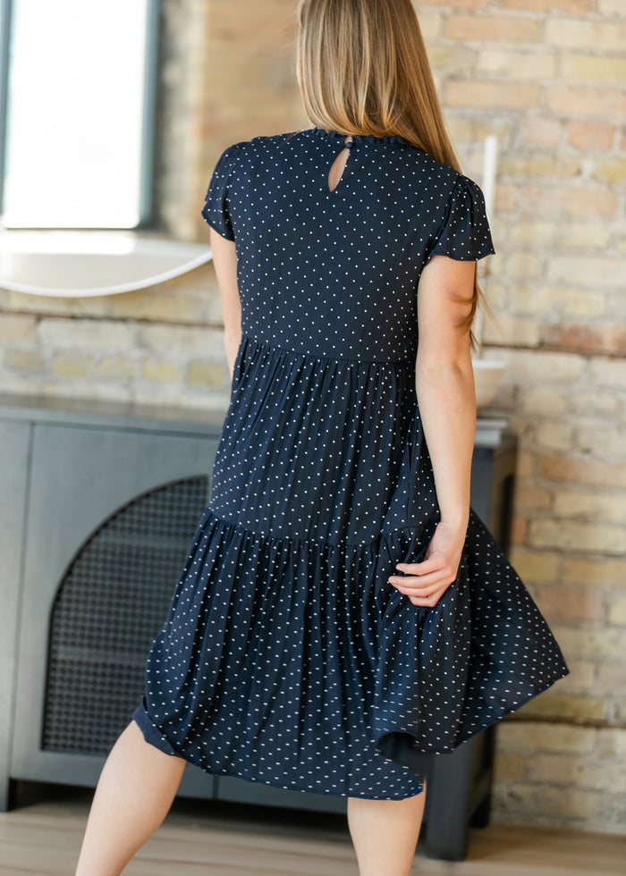 Navy Polka Dot Tiered Midi Dress FF Dresses