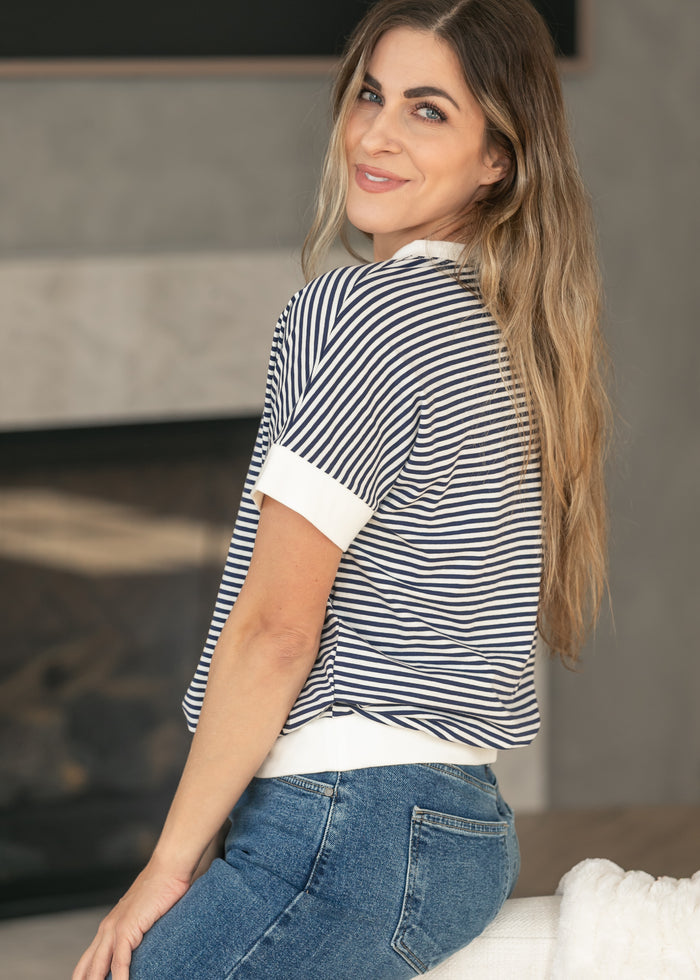 Navy Stripe Contrast Trim Top FF Tops