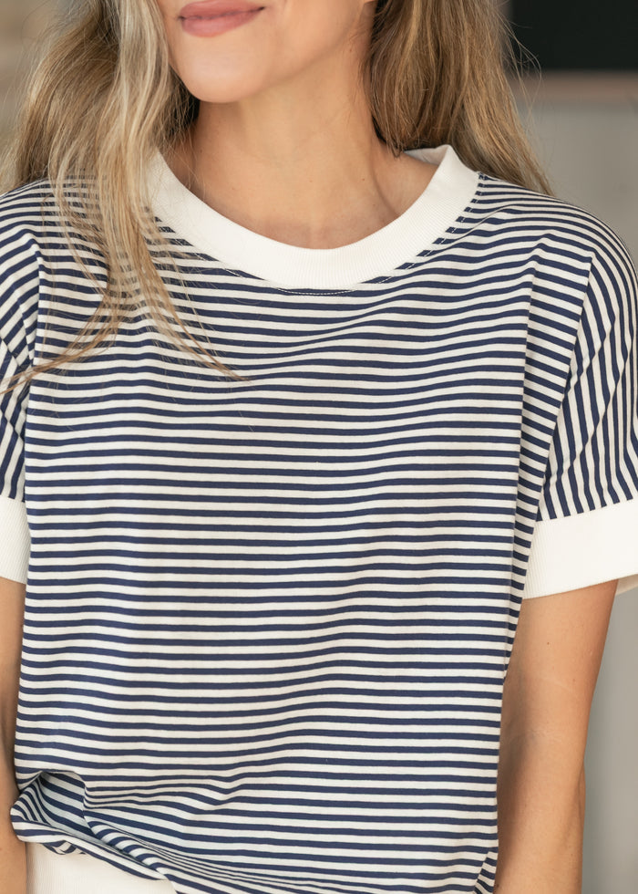 Navy Stripe Contrast Trim Top FF Tops