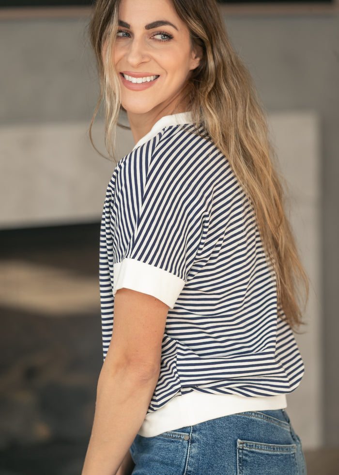 Navy Stripe Contrast Trim Top FF Tops