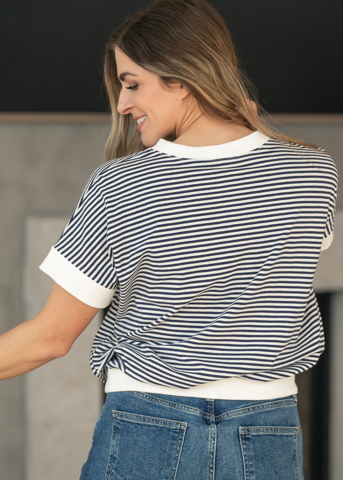 Navy Stripe Contrast Trim Top FF Tops